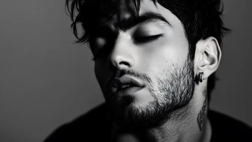 Close-up portrait shows stylized male face in side light