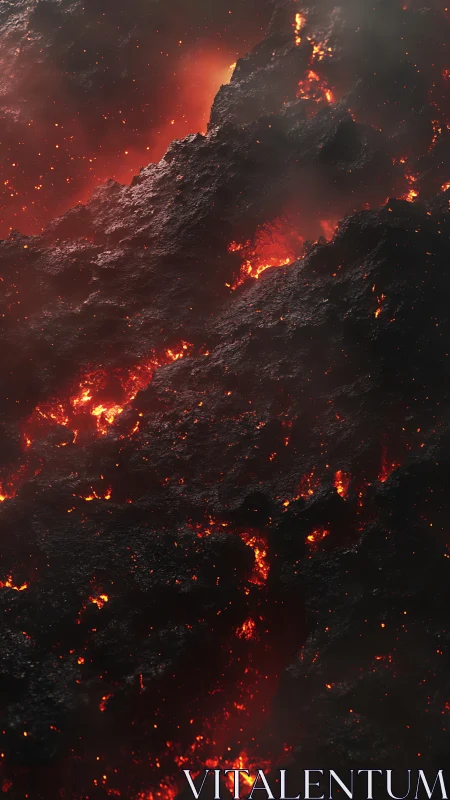 Molten lava cascades down volcanic slopes in darkness.