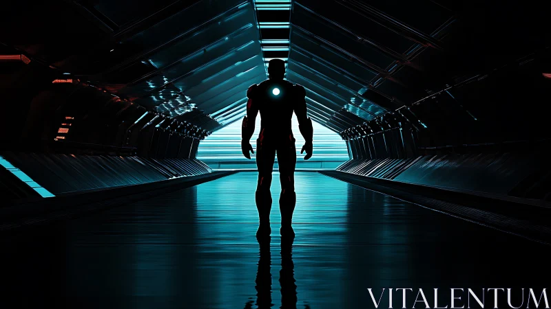 Silhouetted exosuit figure in cyan lit sci fi corridor interior