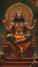 Regal deity lounges in molten-gold throne of roaring clouds