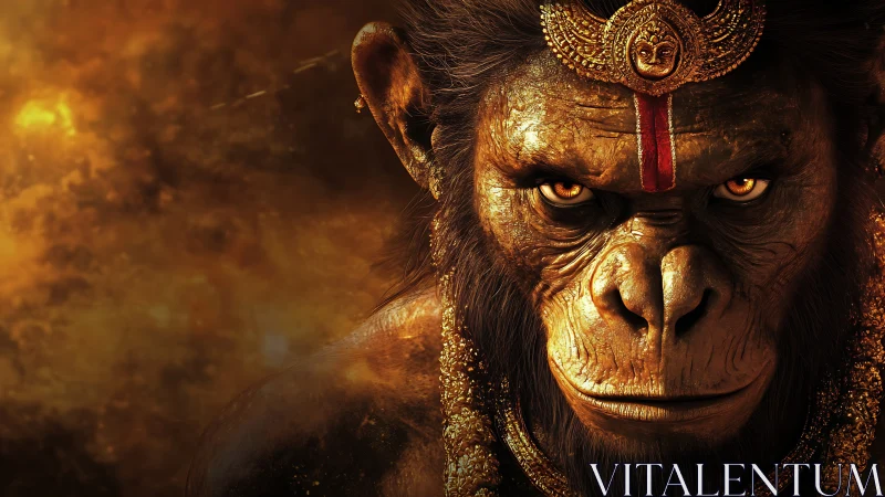 Golden warrior ape portrait with intense glowing eyes.