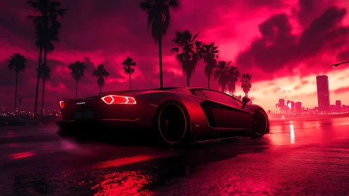 Low-angle supercar render under neon magenta coastal storm sky