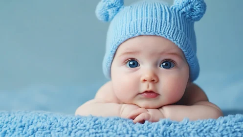 Infant in Blue Knit Hat on Textured Blanket