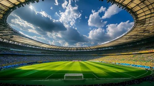 Panoramic football stadium under dramatic sky, wide-angle study.
