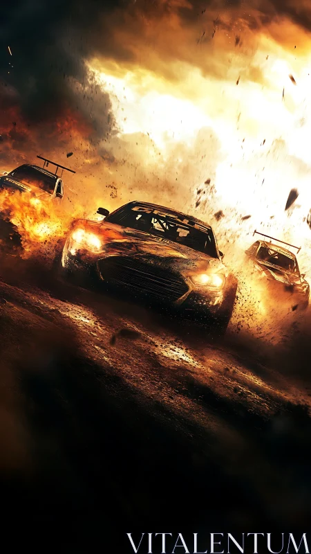 Rally cars drift through explosive firestorm and debris field.