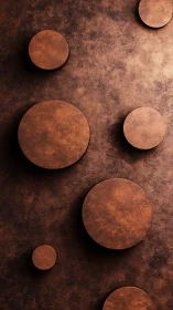 Copper circular forms on textured metallic brown wall.