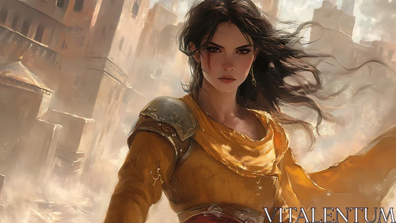 Warrior woman in golden cloak amid crumbling citadel.