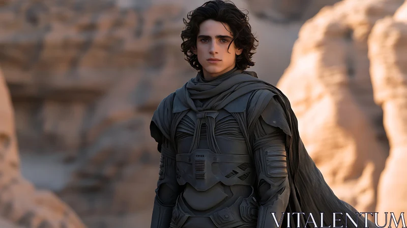 Young desert wanderer in futuristic armor gazes ahead.