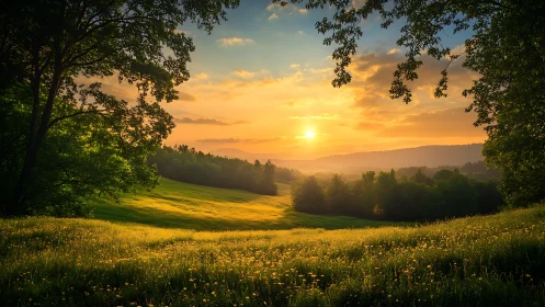 Sunlit meadow stretches toward distant forested hills at dusk