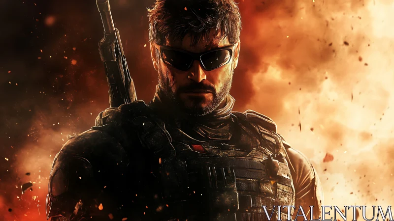 Armored soldier in sunglasses stands before fiery blast.