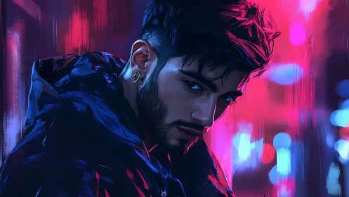 Brooding man in neon city with intense side gaze.