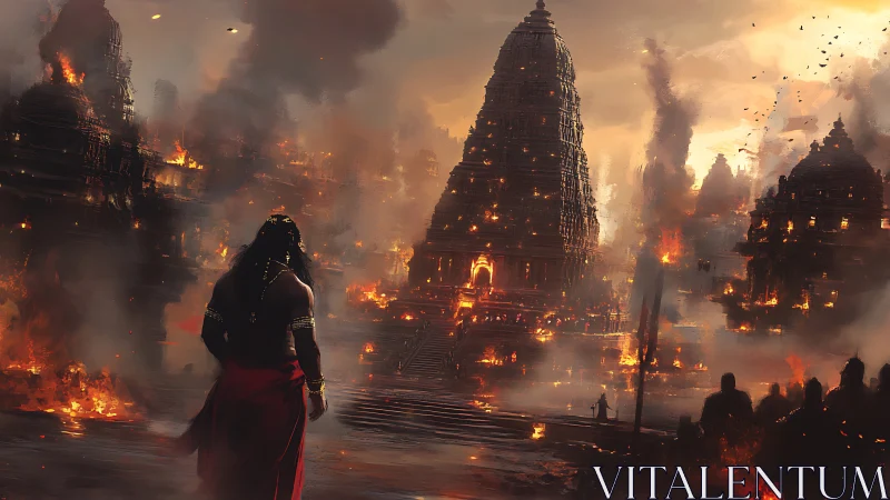 Burning Dravidian temple complex under siege at twilight