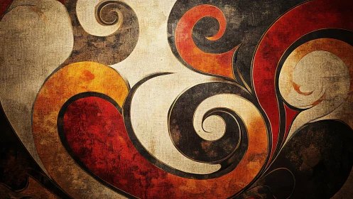 Whirling ember scrolls on worn canvas night backdrop.