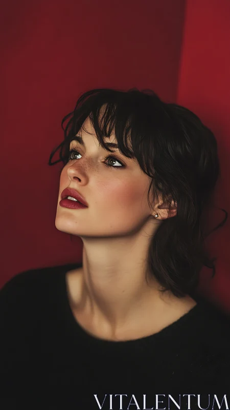 Portrait study of pensive woman against saturated red wall