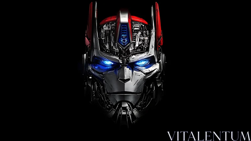 Cybernetic warrior helm with blue luminescent optics.