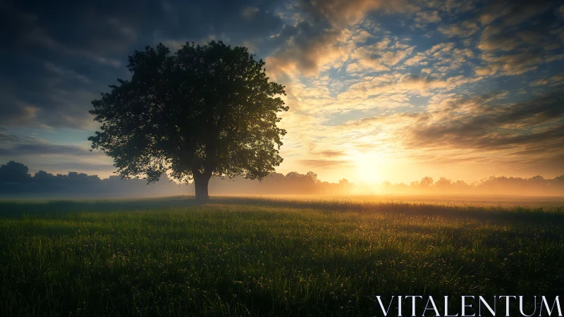 Solitary tree in misty grassland under low sunrise light.
