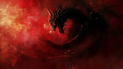 Coiled shadow dragon emerges within turbulent crimson void