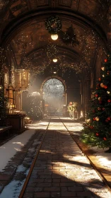 Snow-dusted arched arcade with rail tracks under warm festive lights