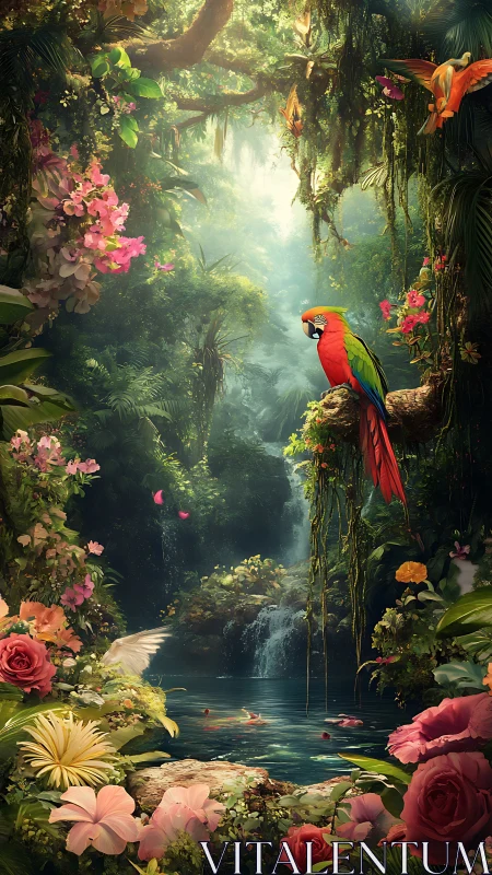 Parrot sentinel above a secret flower-drowned jungle pool.