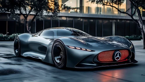 Futuristic Mercedes concept car glides past glass office towers