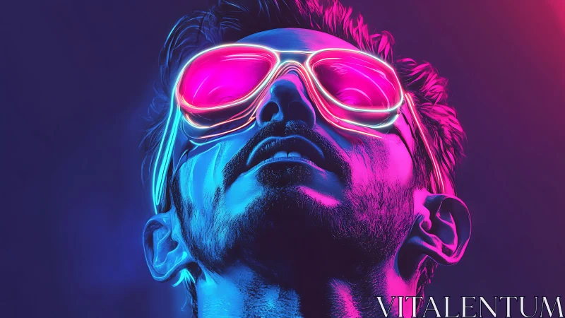 Neon lit male portrait with glowing cyber visor in profile.