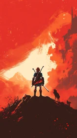 Lone warrior greets a blazing red horizon before battle