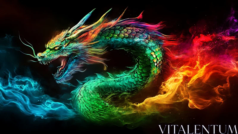 Fiery cosmic dragon coils through glowing rivers of color