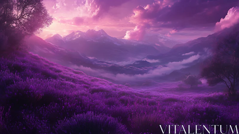 Lavender valley landscape under magenta twilight sky.