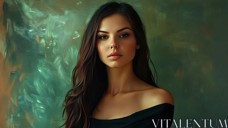 Soft-lit portrait of a serene woman against teal whispers.