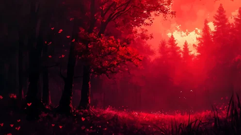 Crimson Forest Glows Where Ember Hearts Dance