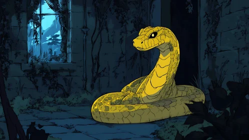 Luminous golden serpent coiled in moonlit ruined interior.