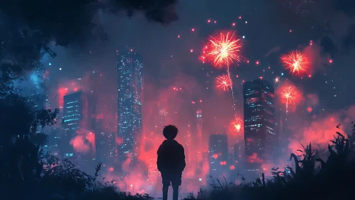 Silhouette child viewing neon city fireworks in misty night.