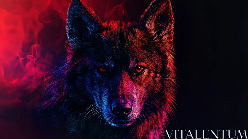 Neon wolf portrait glows through red and blue smoke haze.