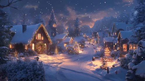 Snow-laden alpine village street with festive incandescent lighting