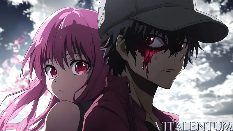 Two anime characters back to back under cloudy sky.