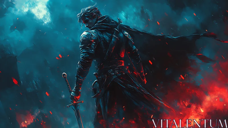 Lone ember knight strides through stormlit crimson ruins.