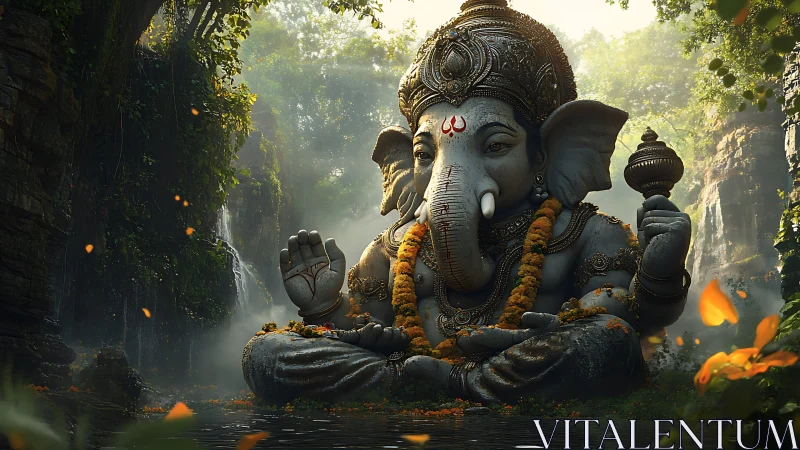 Ganesha statue rests in misty jungle pool with garlands