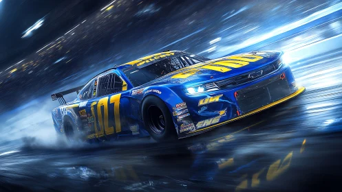 High-speed stock car in cinematic dynamic motion blur study.