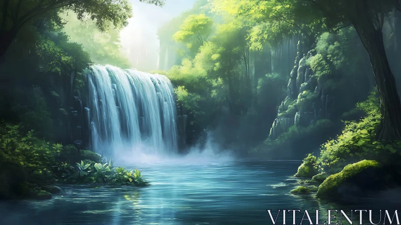 Luminous Waterfall Through Ancient Forest Canyon.