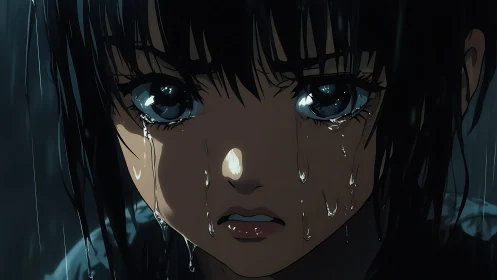 Rain-soaked girl with shining tears and stormy, soulful eyes.