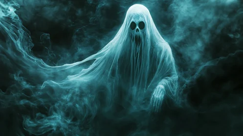 Eerie ghostly wanderer drifting through swirling teal mist.