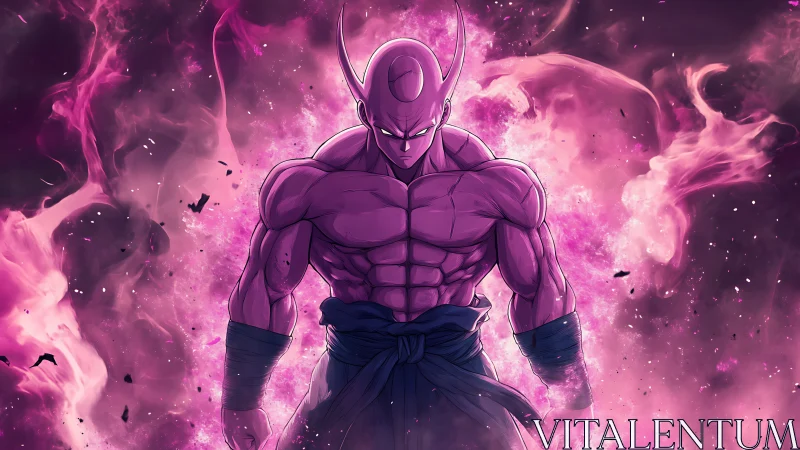 Muscular pink humanoid warrior stands amid purple flames