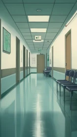 Hospital corridor shows empty hallway with chairs and doors