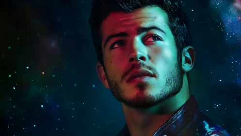 Male portrait with colored lighting against star-like backdrop.