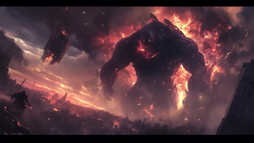 Colossal molten humanoid figure dominates ruined cityscape