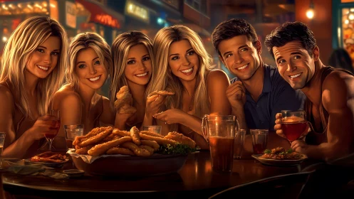 Golden-hour friends share laughter over glowing bar feast.