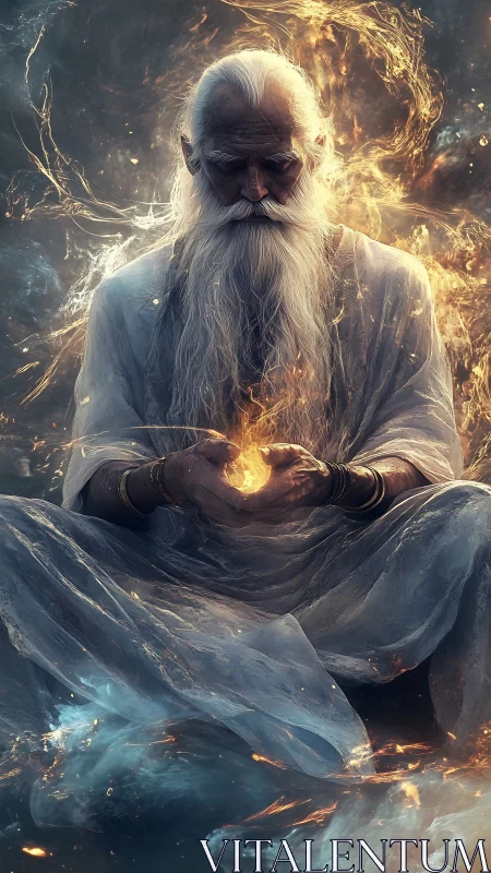 Ancient star-keeper cradles newborn flame in stormed silence