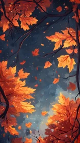 Autumn maple canopy viewed upward with scattered falling leaves