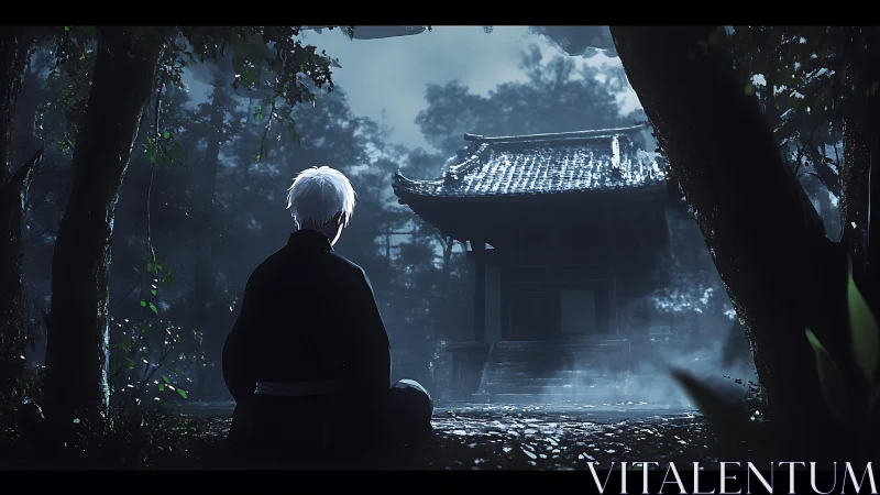 Solitary figure before misted shrine in moonlit forest scene.