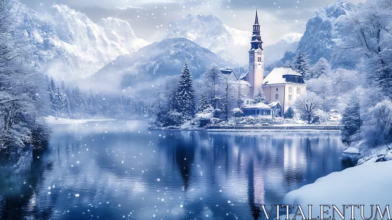 Snowy lakeside church nestles quietly beneath winter peaks